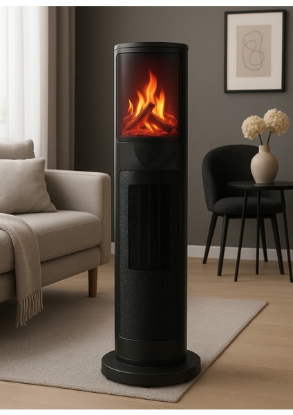 German 2075 L Black Oben Seri OLED Şömineli Ekran Dijital Kule Tipi Seramik Fanlı Isıtıcı
