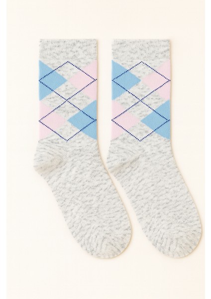 Ekose Desenli Pamuklu Kadın Soket Çorap Gri Melanj modelleri