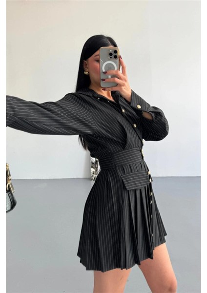 Önden Gold Düğmeli Pileli Kısa Elbise - Siyah modelleri