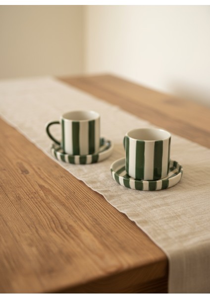 2'li Çizgili Türk Kahve Fincan Takımı- Yeşil