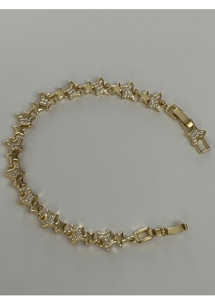 Küçük Taşlı ve Parlak Çift Yıldızlı Gold Bileklik