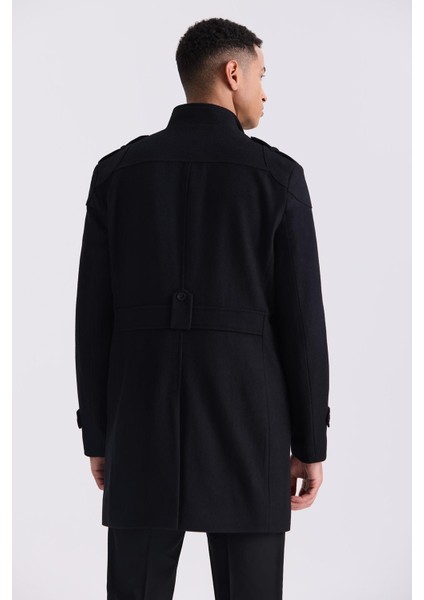 Siyah Regular Fit Hakim Yaka Apoletli Yünlü Kaşe Kaban