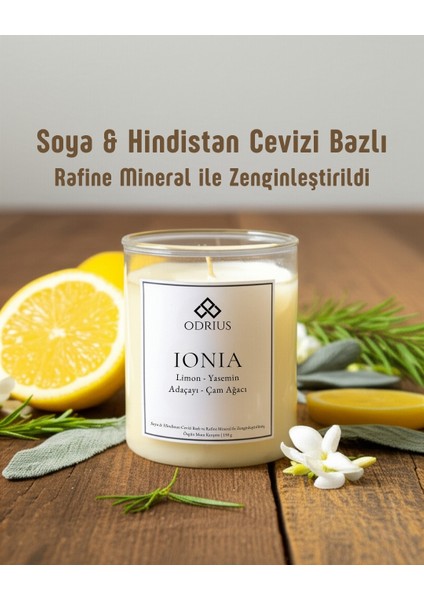 IONIA Kokulu Mum – Limon & Adaçayı – Ferahlatıcı Bitkisel Koku – El Yapımı Uzun Süreli Mum – Soya & Hindistan Cevizi Bazlı ve Rafine Mineral ile Zenginleştirilmiş Özgün Mum Karışımı – 150 gram