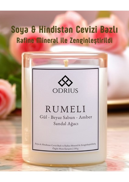 RUMELI Kokulu Mum – Sandal Ağacı & Gül – Zarif ve Sofistike Koku – El Yapımı Kalıcı Mum – Soya & Hindistan Cevizi Bazlı ve Rafine Mineral ile Zenginleştirilmiş Özgün Mum Karışımı – 150 gram - ODRIUS