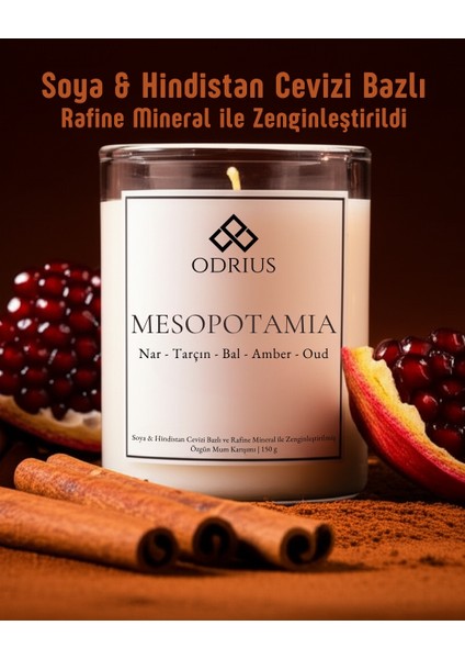 MESOPOTAMIA Kokulu Mum – Oud & Nar – Güçlü ve Oryantal Koku – El Yapımı Kalıcı Mum – Soya & Hindistan Cevizi Bazlı ve Rafine Mineral ile Zenginleştirilmiş Özgün Mum Karışımı – 150 gram - ODRIUS