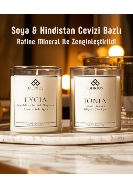 Ferah Yazlık Kokulu Mum – Turunçgil, Lavanta, Limon, Adaçayı – 2’li Premium El Yapımı Mum – Soya & Hindistan Cevizi Bazlı ve Rafine Mineral ile Zenginleştirilmiş Özgün Mum Karışımı – (2x150g) - ODRIUS