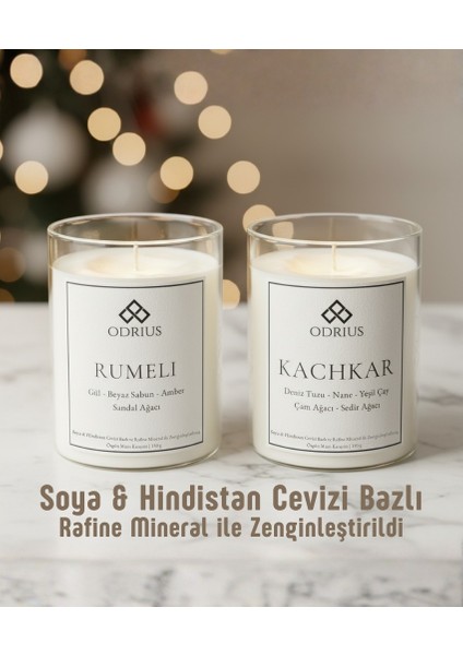 Zarif Mevsim Geçişi Kokulu Mum Seti – Gül, Sandal Ağacı, Çam, Sedir – 2’li Premium Mum – Soya & Hindistan Cevizi Bazlı ve Rafine Mineral ile Zenginleştirilmiş Özgün Mum Karışımı – (2x150g) - ODRIUS