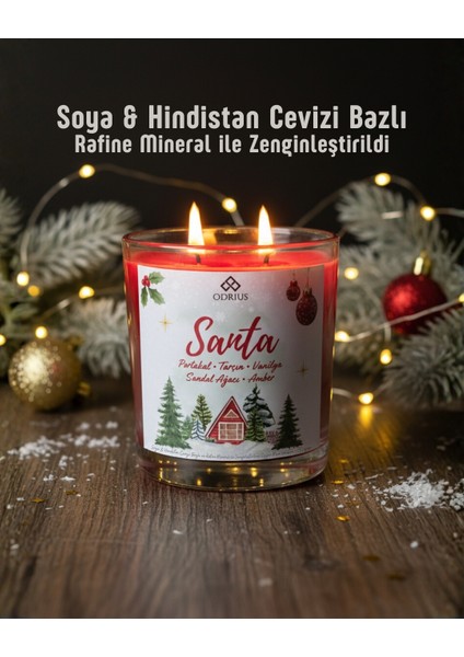 SANTA Kokulu Mum – Portakal, Tarçın & Vanilya – Yılbaşı Ruhunu Yansıtan Sıcak Atmosfer – Soya & Hindistan Cevizi Bazlı ve Rafine Mineral ile Zenginleştirilmiş Özgün Mum Karışımı – 150 Gram - ODRIUS