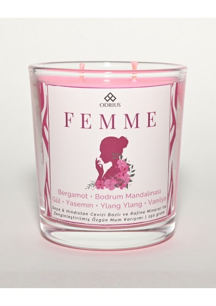FEMME Kokulu Mum – Bergamot, Gül & Yasemin – Feminen ve Çekici Atmosfer – Kalıcı Mum – Soya & Hindistan Cevizi Bazlı ve Rafine Mineral ile Zenginleştirilmiş Özgün Mum Karışımı – 150 Gram - ODRIUS fırsatları