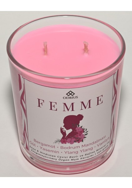 FEMME Kokulu Mum – Bergamot, Gül & Yasemin – Feminen ve Çekici Atmosfer – Kalıcı Mum – Soya & Hindistan Cevizi Bazlı ve Rafine Mineral ile Zenginleştirilmiş Özgün Mum Karışımı – 150 Gram - ODRIUS