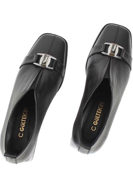 Kadın Siyah Kalın Topuklu Deri Ayakkabı