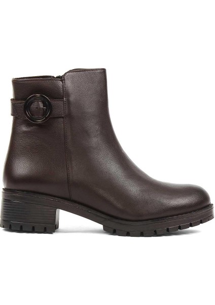 Kadın Kahverengi Fermuarlı Tokalı Deri Bot