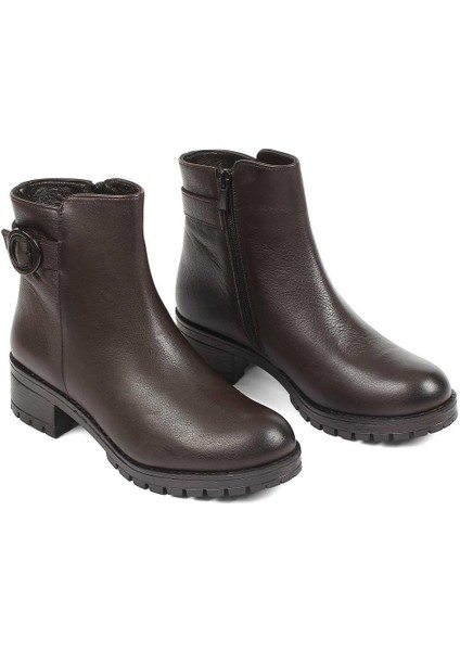 Kadın Kahverengi Fermuarlı Tokalı Deri Bot
