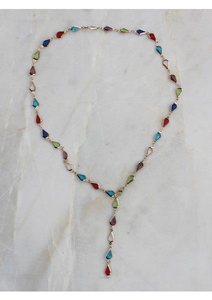 Renkli Taşlı Zarif Altın Kaplama Su Damlası Tasarım Kolye