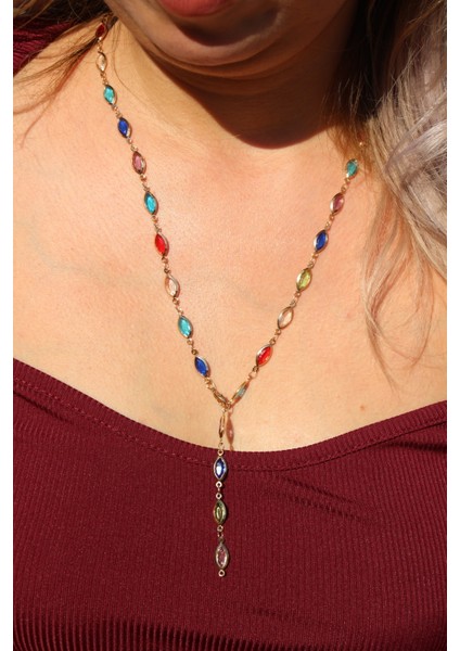 Renkli Taşlı Zarif Altın Kaplama Su Damlası Tasarım Kolye fiyatları