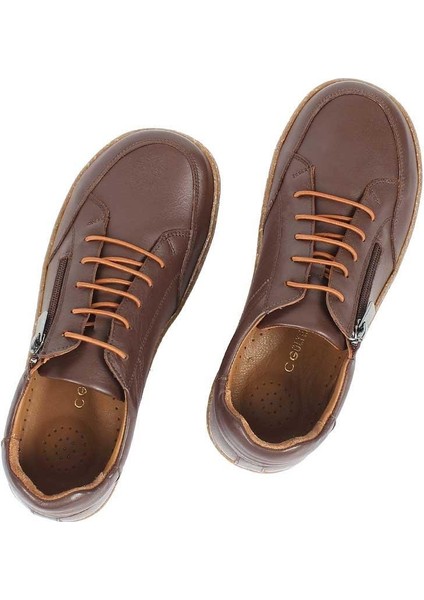 Kadın Kahverengi Bağcıklı Fermuarlı Deri Ayakkabı