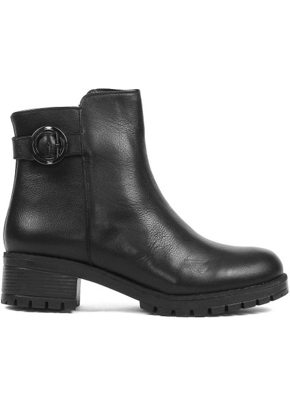 Kadın Siyah Fermuarlı Tokalı Deri Bot
