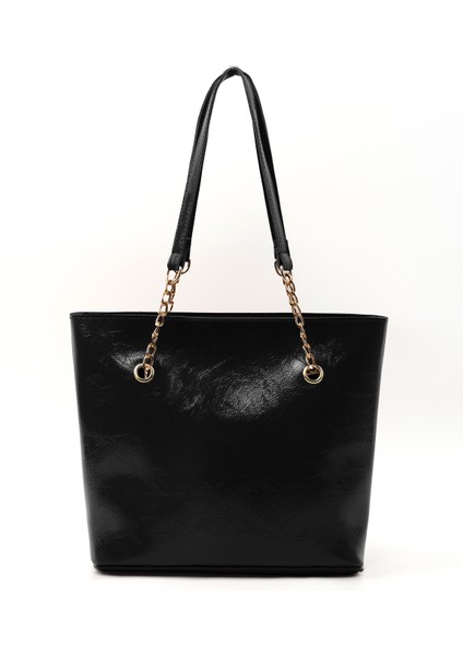 Kırışık Dokulu Siyah SHK256 Suni Deri Fermuarlı Tek Bölmeli Zincir Askılı El, Kol ve Omuz Çantası