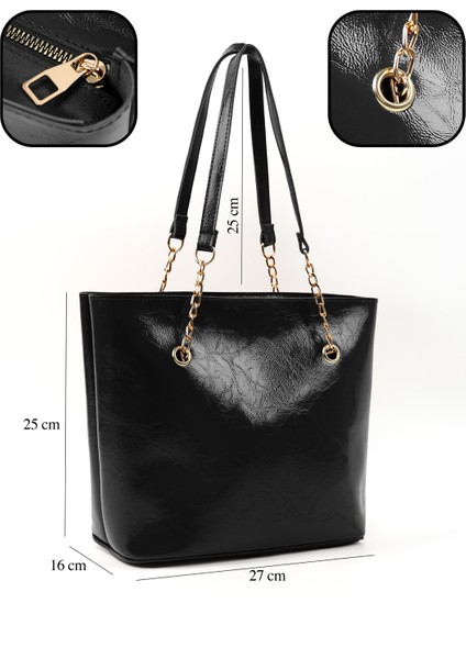 Kırışık Dokulu Siyah SHK256 Suni Deri Fermuarlı Tek Bölmeli Zincir Askılı El, Kol ve Omuz Çantası fırsatları