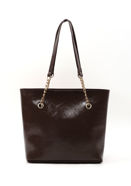 Kırışık Dokulu Kahverengi SHK256 Suni Deri Fermuarlı Tek Bölmeli Zincir Askılı El, Kol ve Omuz Çantası