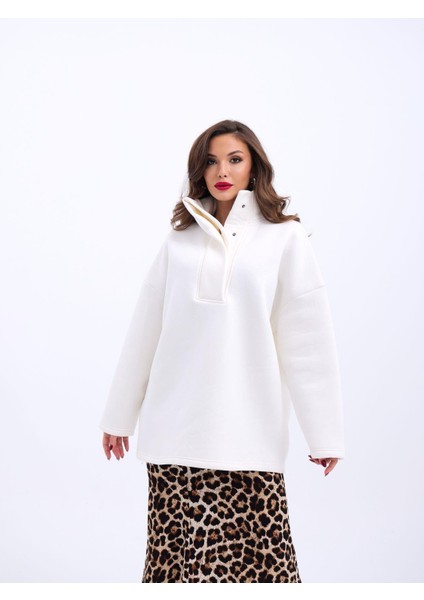 Geniş Kesim Yarım Çıtçıtlı Pamuklu Sweat