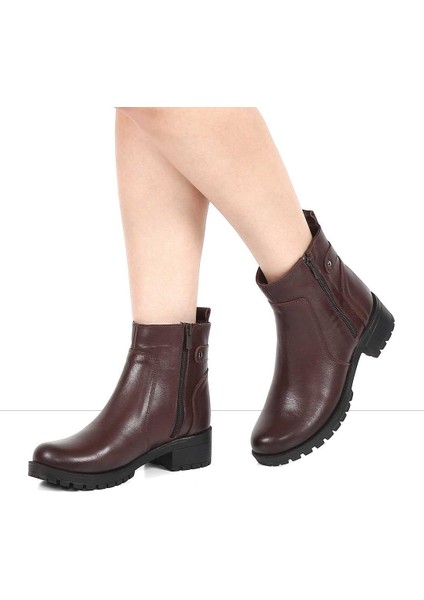 Kadın Kahverengi Çift Fermuarlı Kalın Topuklu Deri Bot fiyatları