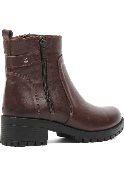 Kadın Kahverengi Çift Fermuarlı Kalın Topuklu Deri Bot indirimleri