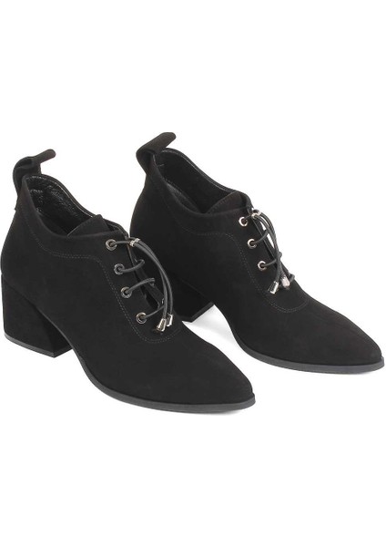 Kadın Siyah Kalın Topuklu Süet Deri Ayakkabı