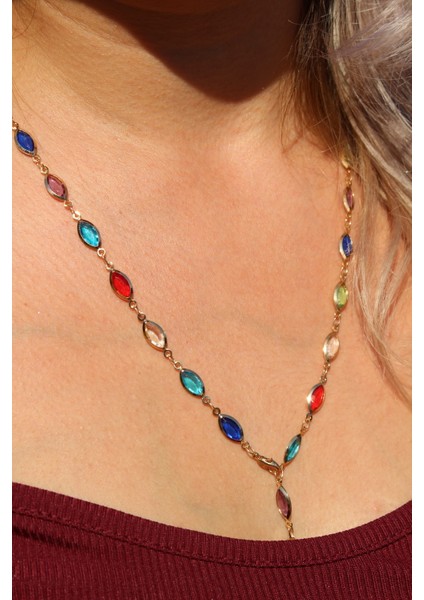 Renkli Taşlı Zarif Altın Kaplama Su Damlası Tasarım Kolye modelleri