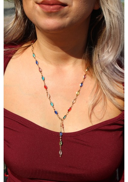 Renkli Taşlı Zarif Altın Kaplama Su Damlası Tasarım Kolye fırsatları