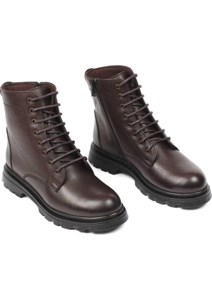 Kadın Kahverengi Bağcıklı Fermuarlı Kalın Topuklu Deri Bot