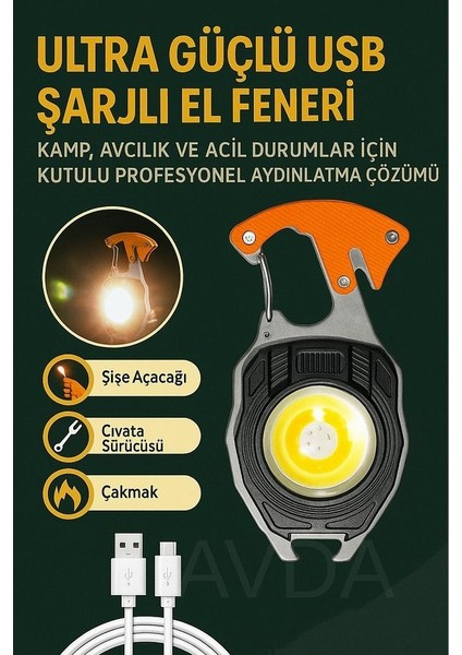 Yeni Nesil Kamp Feneri Çok Fonksiyonlu Fener Anahtarlık USB Çakmaklı Cam Kırıcı Kemer Kesici Açacak