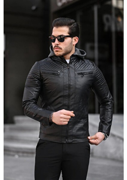 Erkek Kapüşonlu Siyah Suni Deri Şişme Mont Slim Fit Modern Tasarım