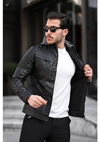 Erkek Kapüşonlu Siyah Suni Deri Şişme Mont Slim Fit Modern Tasarım