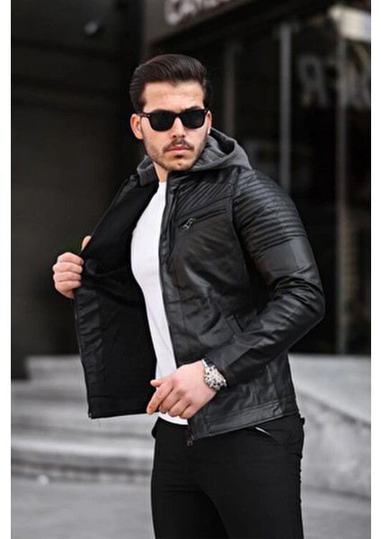 Erkek Kapüşonlu Siyah Suni Deri Şişme Mont Slim Fit Modern Tasarım