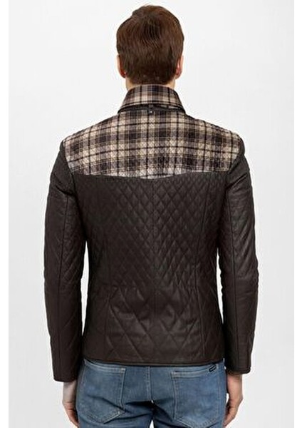 Erkek Hakiki Deri Mont Kahverengi Kapitone Desenli ve Şallı Model 100% Deri