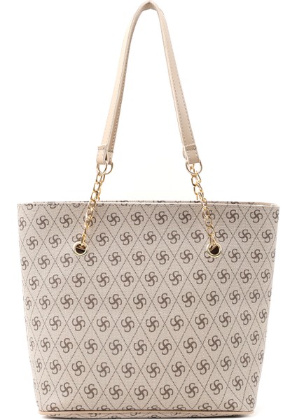 Monogram Baskılı Vizon SHK256 Suni Deri Fermuarlı Tek Bölmeli Zincir Askılı El, Kol ve Omuz Çantası