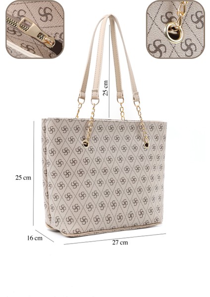 Monogram Baskılı Vizon SHK256 Suni Deri Fermuarlı Tek Bölmeli Zincir Askılı El, Kol ve Omuz Çantası fırsatları