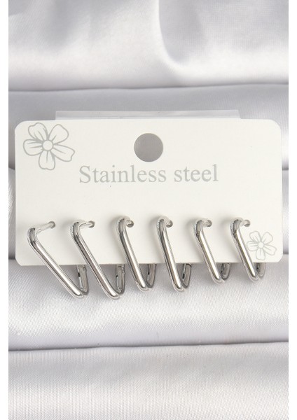 316L Çelik Gümüş Renk Üçgen Model Kadın Küpe Seti