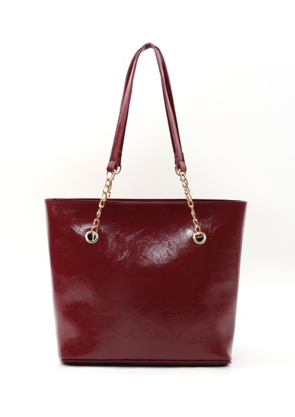 Kırışık Dokulu Bordo SHK256 Suni Deri Fermuarlı Tek Bölmeli Zincir Askılı El, Kol ve Omuz Çantası