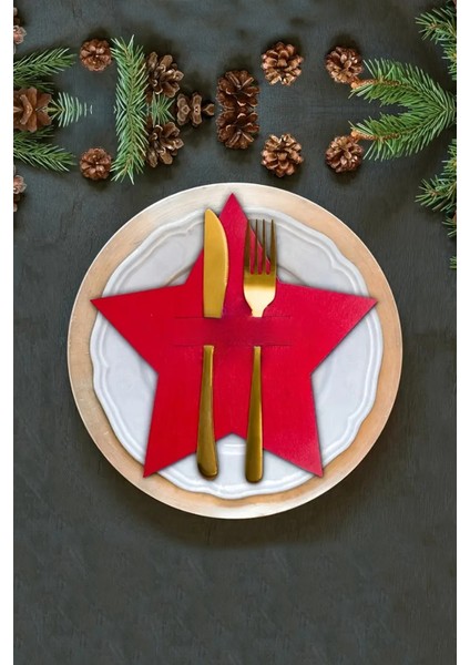 Yılbaşı Yıldızı Kırmızı Keçe Çatal Bıçak Tutucu, Yılbaşı Masası Dekoru, Şık Sofralar Için.