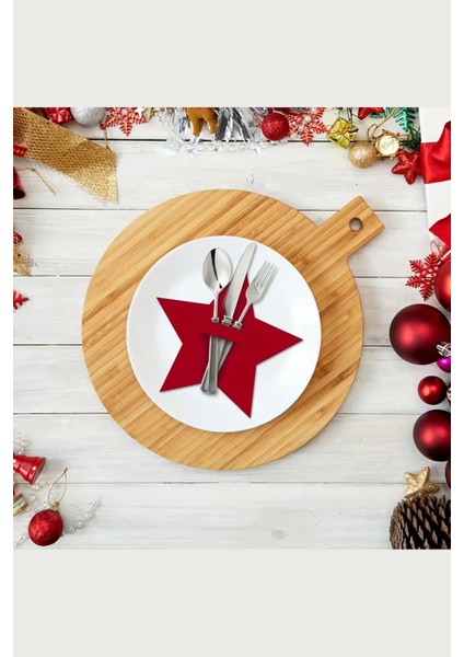 Yılbaşı Yıldızı Kırmızı Keçe Çatal Bıçak Tutucu, Yılbaşı Masası Dekoru, Şık Sofralar Için. fiyatları