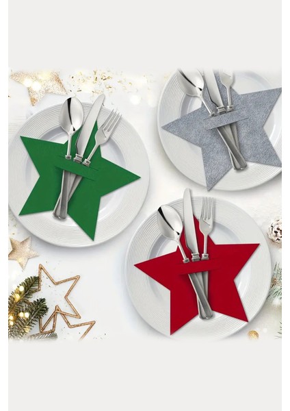 Yılbaşı Yıldızı Kırmızı Keçe Çatal Bıçak Tutucu, Yılbaşı Masası Dekoru, Şık Sofralar Için. modelleri