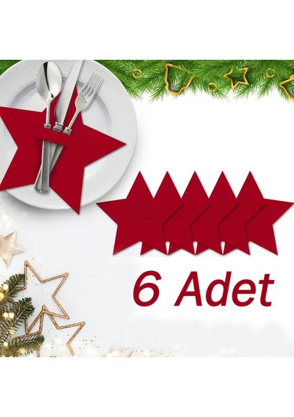 Yılbaşı Yıldızı Kırmızı Keçe Çatal Bıçak Tutucu, Yılbaşı Masası Dekoru, Şık Sofralar Için.