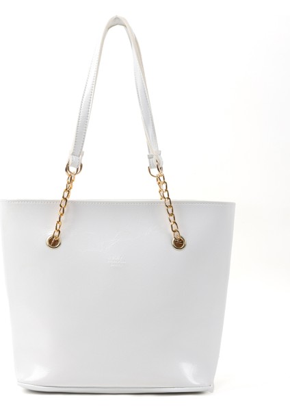 Kırışık Dokulu Beyaz SHK256 Suni Deri Fermuarlı Tek Bölmeli Zincir Askılı El, Kol ve Omuz Çantası