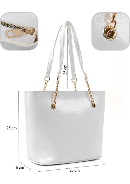 Kırışık Dokulu Beyaz SHK256 Suni Deri Fermuarlı Tek Bölmeli Zincir Askılı El, Kol ve Omuz Çantası fırsatları