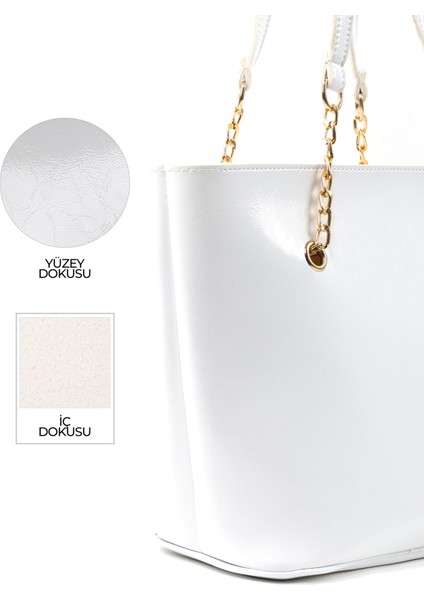 Kırışık Dokulu Beyaz SHK256 Suni Deri Fermuarlı Tek Bölmeli Zincir Askılı El, Kol ve Omuz Çantası indirimleri
