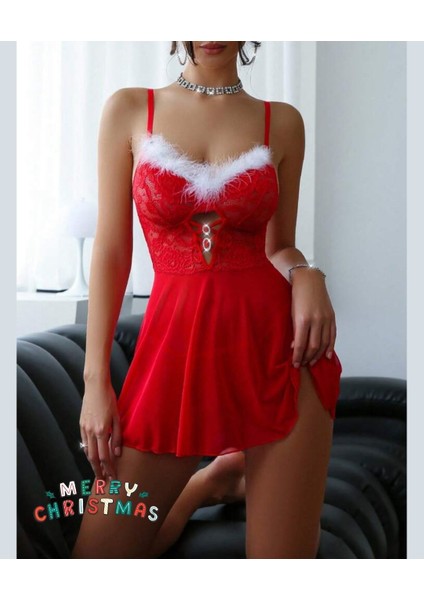Intive Yılbaşı Koleksiyonu- Kırmızı Beyaz Önü Beyaz Tüy Detaylı Aksesuarlı Mini Gecelik fırsatları