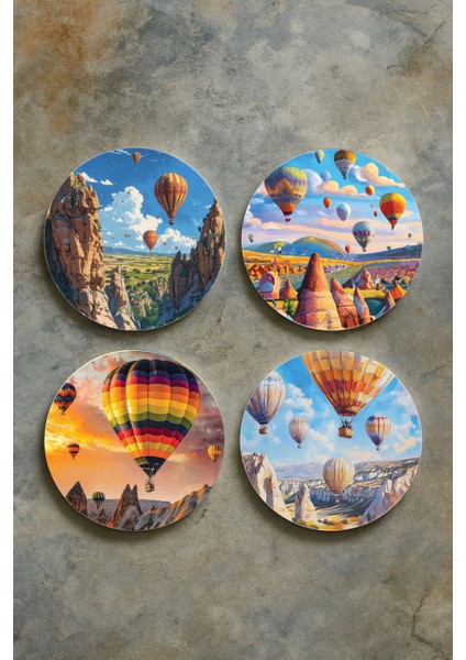 Ev Dekor Oval Pleksi Bardak Altlığı Temalı Desenli 4'lü Set Kapadokya