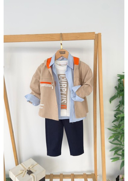 Curplus Baskı Ceketli Tişört ve Kot Pantolonlu Erkek Çocuk 4 Lü takım - Bej